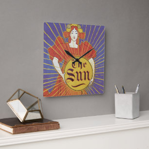 Horloge Carrée Art Nouveau vintage, New York Sun Newspaper