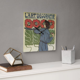 Horloge Carrée Art Nouveau vintage, Peinture Artiste Fleurs De Pa