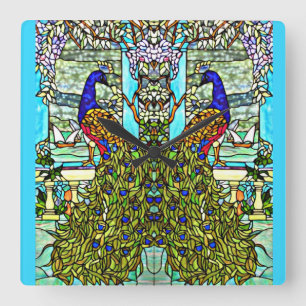 Horloge Carrée Art Nouveau Vintage Tiffany Stained Glass Peacock