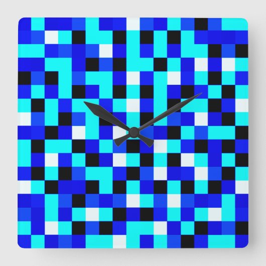 Horloge Carrée Art Pixel À damiers au hasard - Bleu et Blanc (Recto)