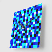 Horloge Carrée Art Pixel À damiers au hasard - Bleu et Blanc (Angle)
