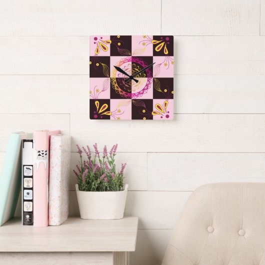 Horloge Carrée Art rose et noir, tableau de bord mystique (Salle de lecture)