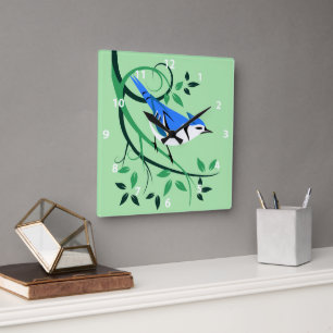 Horloge Carrée Art Stylisé Oiseau Bleu Jay