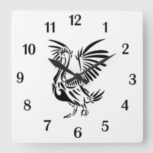 Horloge Carrée Art tribal de pélican nombres noirs
