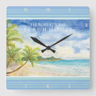 Horloge Carrée Art tropical de paumes de Chambre de plage de