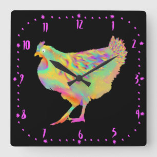 Horloge Carrée Artsy Colourful Dancing Chicken Funny Farm Hen Art