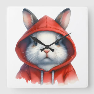 Horloge Carrée Artwork d'aquarelle Lapin blanc dans un Sweat - sh