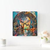 Horloge Carrée Asian night silhouettes in moon light (Maison)