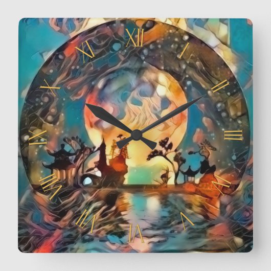 Horloge Carrée Asian night silhouettes in moon light (Recto)