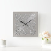 Horloge Carrée Aspect Embossé Argent Orné (Maison)