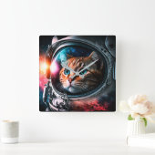 Horloge Carrée Astronaut de chat spatial drôle Kitty Galaxy Unive (Maison)