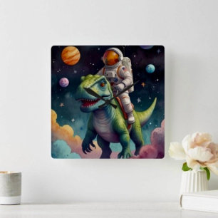 Horloge Carrée Astronaute sur Dino dans l'espace