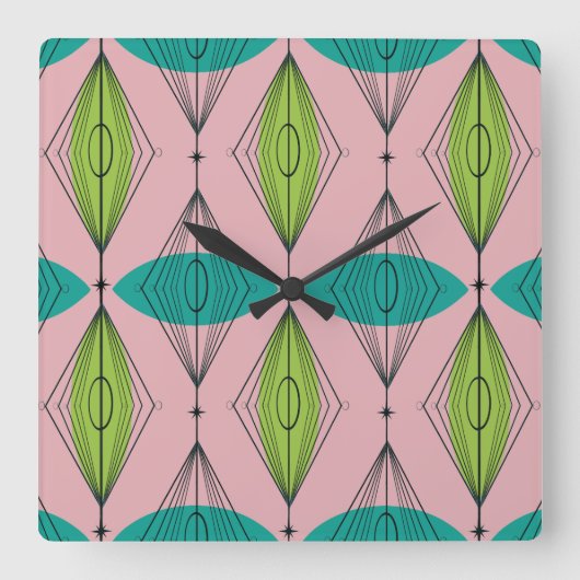 Horloge Carrée Atomic Pink Ogee et Starbursts Wall Clock (Recto)