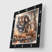 Horloge Carrée Aube native : Lumière de la forêt des yeux de tigr (Angle)