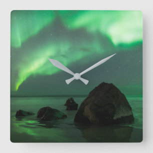 Horloge Carrée Aurora Borealis Lofoten Beach Norvège