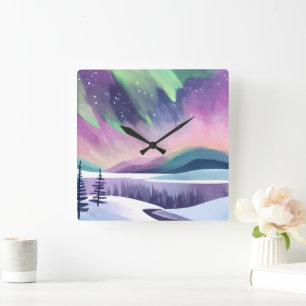 Horloge Carrée Aurores Boréales Nuit d'Hiver Colorée Aquarelle