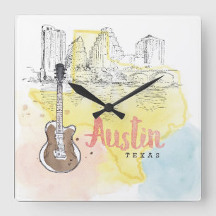 Horloge Carrée Austin, croquis d'aquarelle du Texas  