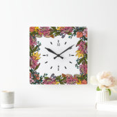 Horloge Carrée automne rose rouge et jaune fleurs et feuilles (Maison)