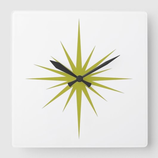 Horloge Carrée Avocado Green Starburst atomique milieu du siècle  (Recto)