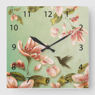 Horloge Carrée Azalées roses Vintage sur la fosse verte
