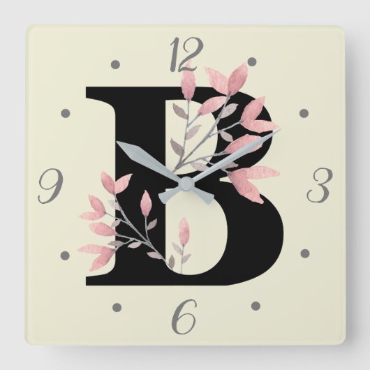 Horloge Carrée B Monogramme avec fleurs roses (Recto)