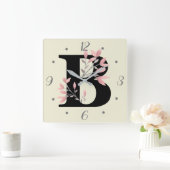Horloge Carrée B Monogramme avec fleurs roses (Maison)