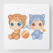 Horloge Carrée Baby Bear Chat Jumpsuit Twins (Recto)