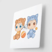 Horloge Carrée Baby Bear Chat Jumpsuit Twins (Angle)