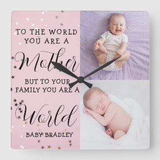 Horloge Carrée Baby girl First Year Photo Collage Keepsake pink