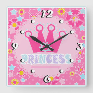 Horloge Carrée Baby shower princesse  rose carto fleuri couronne