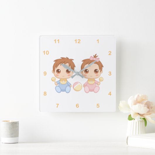 Horloge Carrée Baby Twins Boy and Girl 2 (Maison)