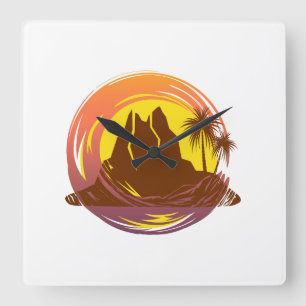 Horloge Carrée Badge avec paysage volcanique tropical et palmiers