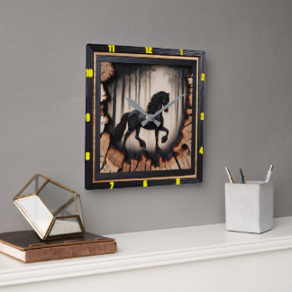 Horloge Carrée Balade en forêt : Charred Wood Friesian personnali