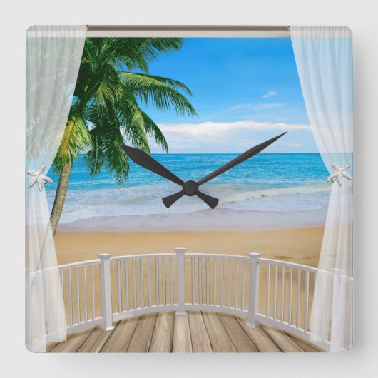 Horloge Carrée Balcon avec vue sur la plage (Recto)