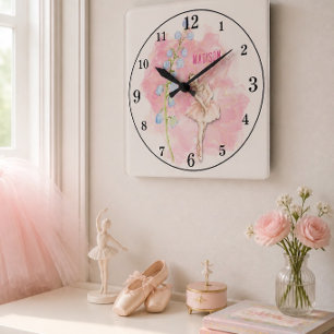 Horloge Carrée Ballerine et fleurs de muguet sur fond rose