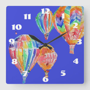 Horloge Carrée Ballon à air chaud, aquarelle, chambre d'enfant