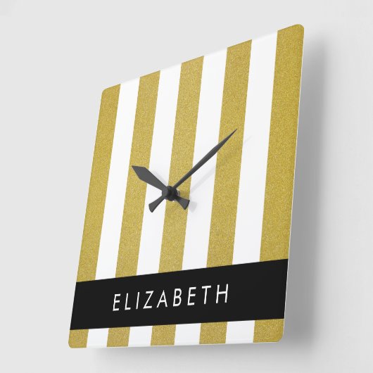 Horloge Carrée Bandes d'or, Motif rayé, Lignes, Votre Nom (Angle)