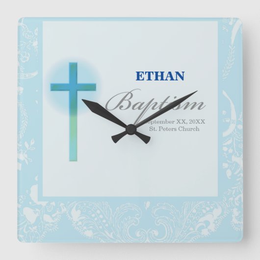 Horloge Carrée Baptême de garçon en dentelle bleue (Recto)