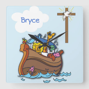 Horloge Carrée Baptême personnalisable de bébé Arche de Noé, garç