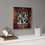 Horloge Carrée Barm bois motif Famille collage photo personnalisé<br><div class="desc">Photo de famille personnalisée collage sur grange bois motif horloge arrière - plan. Ajoutez vos propres photos personnelles pour personnaliser l'horloge.</div>