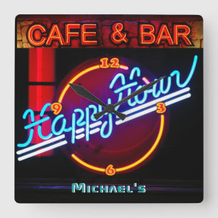 Horloge Carrée BARRE NEON CLAIR CAFE SIGNE PERSONNALISÉ ManCave