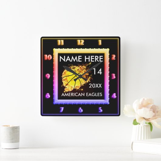 Horloge Carrée Basketball gold and black clock with player (Maison)