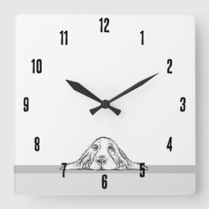 Horloge Carrée basset hound noir blanc yeux de chiot simple 