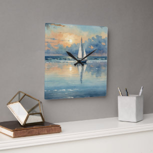Horloge Carrée Bateau À Voile Aquarelle Sur Peinture Océanique