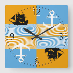 Horloge Carrée Bateau à voile et motif d'ancre