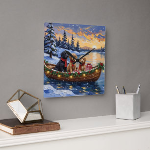 Horloge Carrée Bateau de Noël Bernedoodle pour les Fêtes