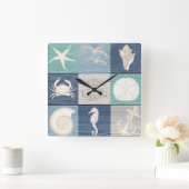 Horloge Carrée Beach Happy Place Blue Aqua Old Wood Sea Clock (Maison)