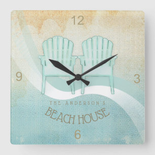 Horloge Carrée Beach House Adirondack Chaises Aqua Blue ID623