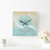 Horloge Carrée Beach House Clam Shell Aqua Blue ID623 (Maison)