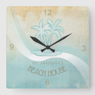 Horloge Carrée Beach House Palm Trees Aqua ID623